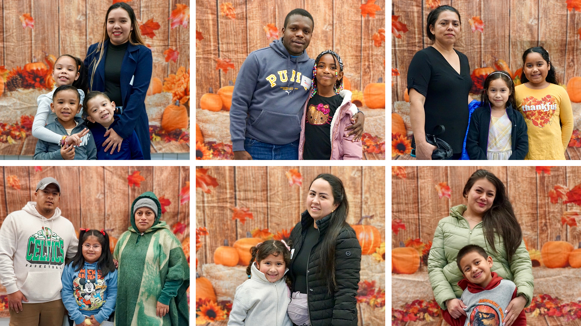 Collage of pictures of six different families who attended the Newcomer Thanksgiving at the Sokolowski School